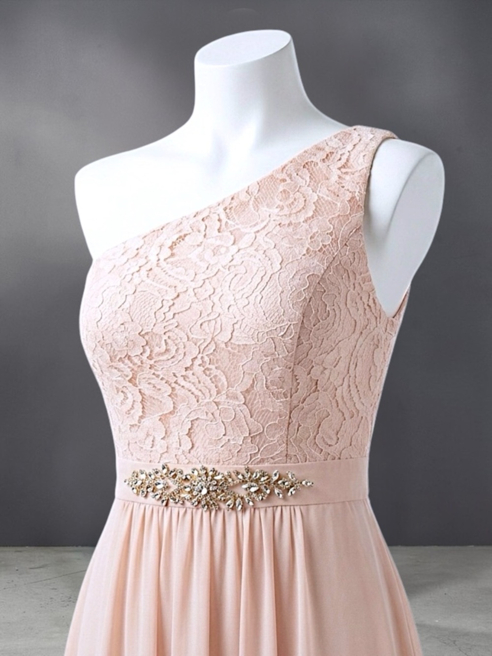 Adrianna Papell Blush Lace Crystal Embellished One-Shoulder Formal Gown - Picture 6 of 12